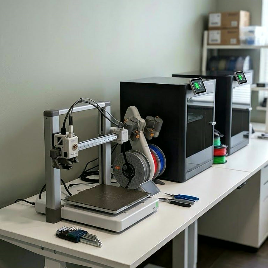 Impressoras 3D Bambu Lab na oficina da Steel Tech